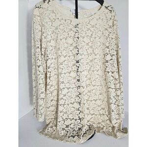 Susan Graver Lace Overlay Tunic Top Beige 2X Long Sleeve Sheer